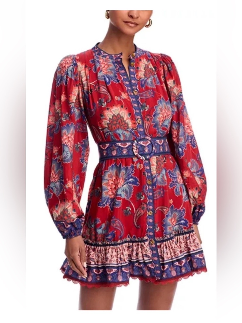 FARM Rio Red Luang Mini Dress Sz XS Floral Belted Boho Pockets $240